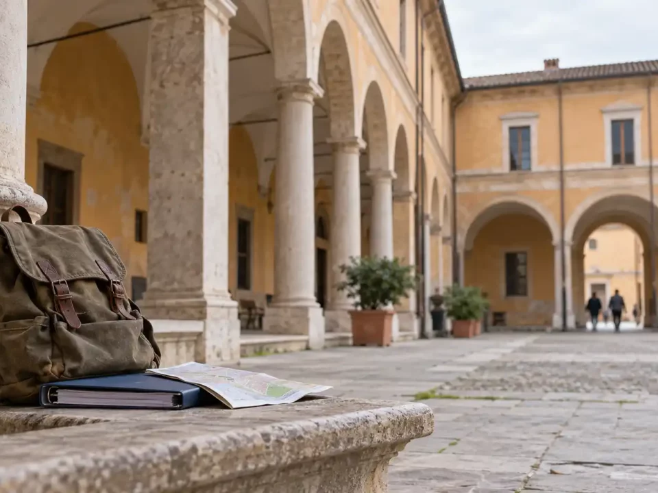 Backpack and binder on a stone bench in the arcaded courtyard of an Italian university building