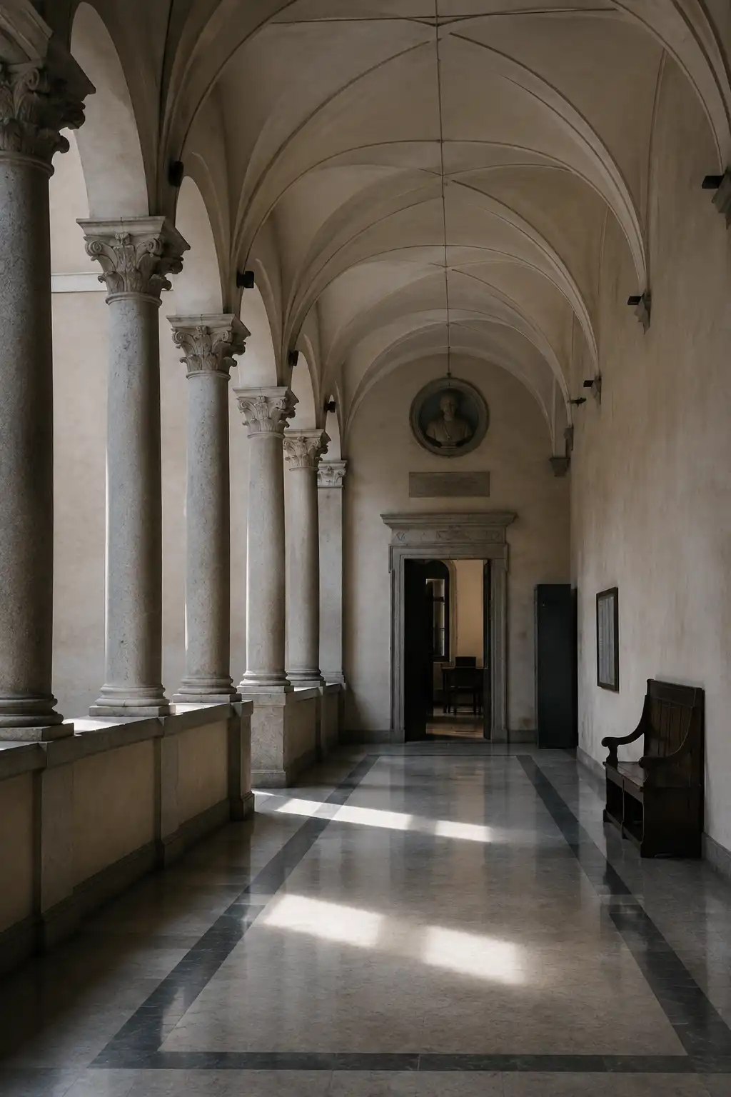 Interior of an Italian university lecture hall, tiered wooden bench desks and plain plaster walls in daylight