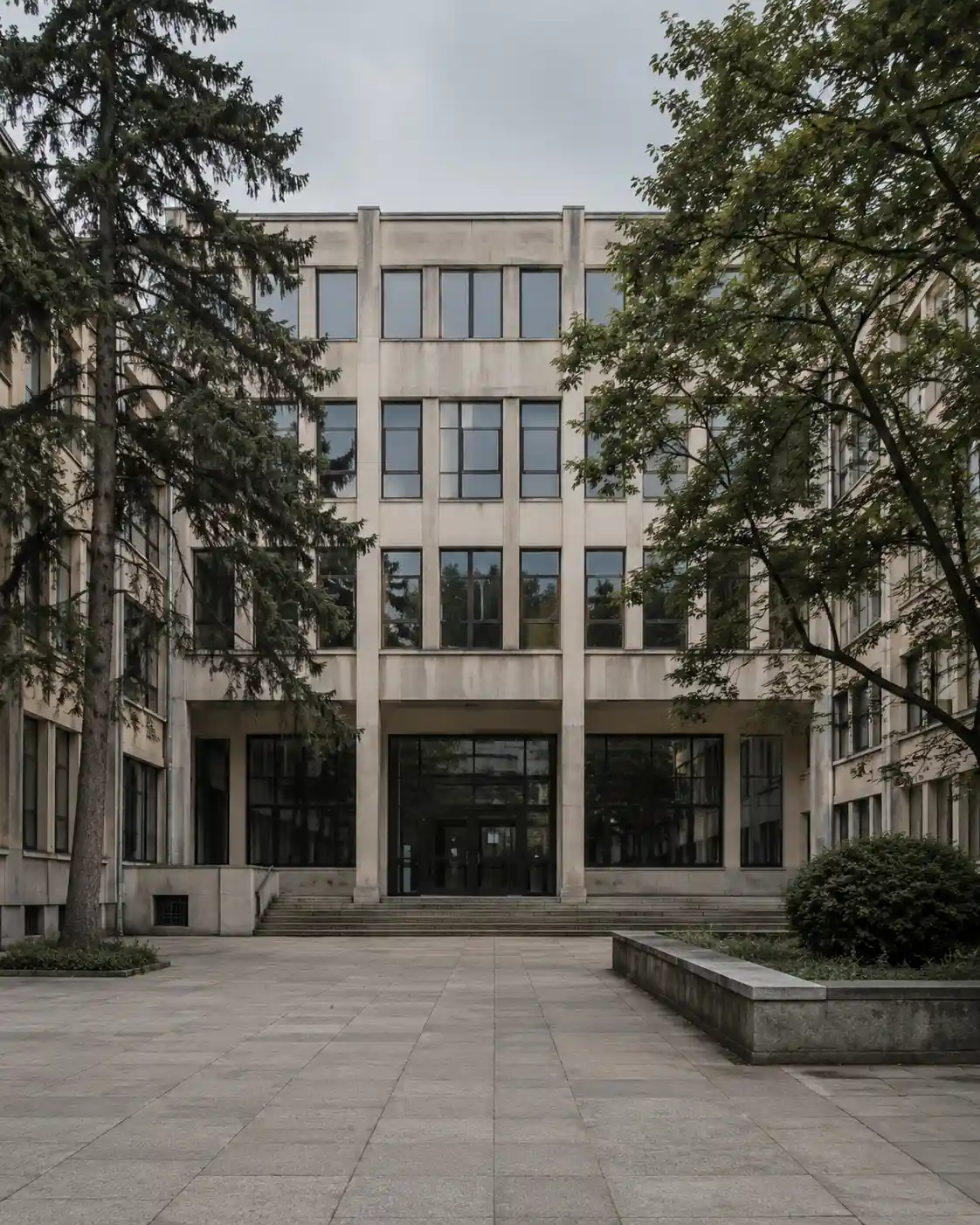Modern university faculty building in Poland, seen from the courtyard
