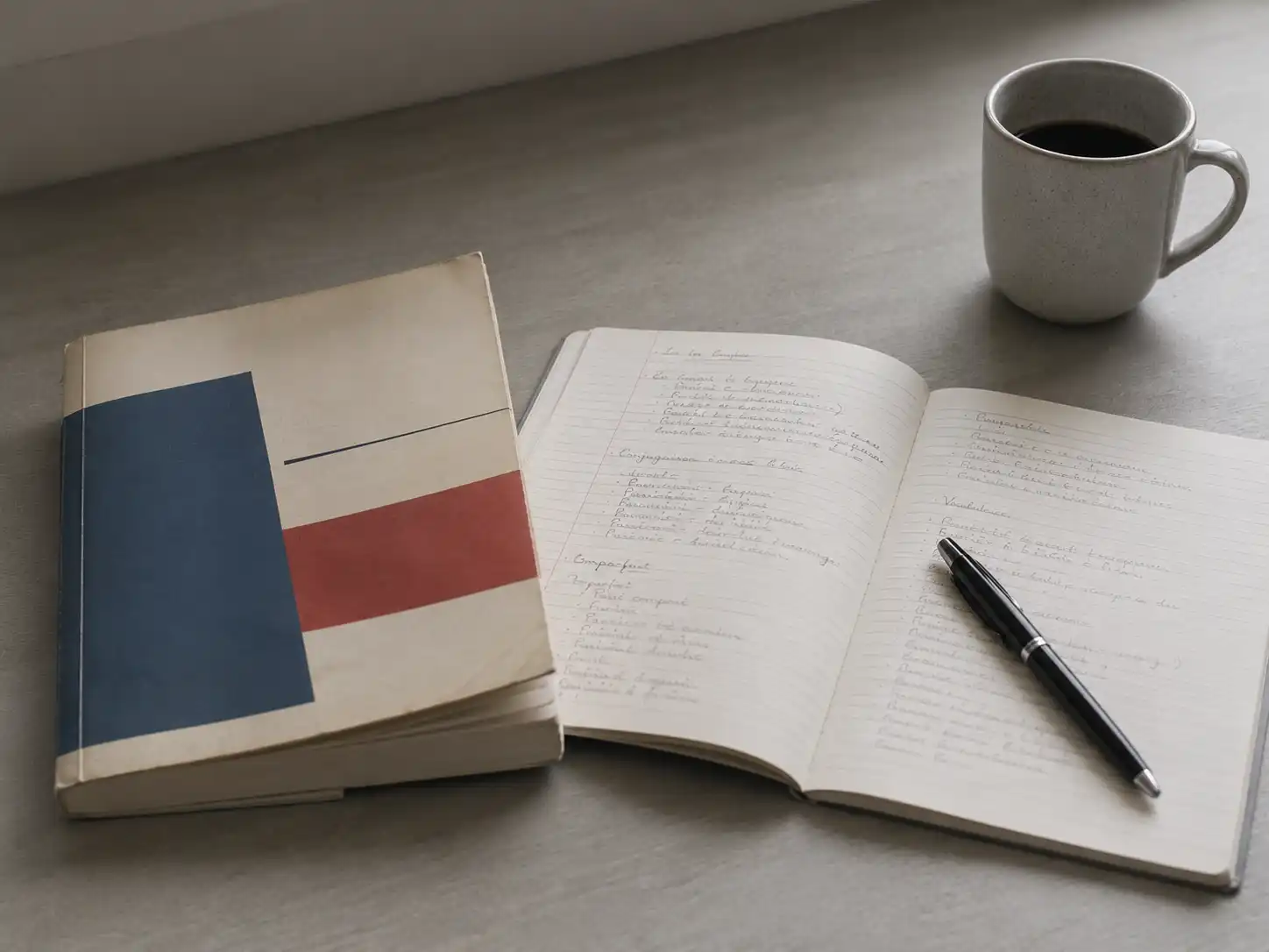A French coursebook and a handwritten notebook on a desk beside a mug