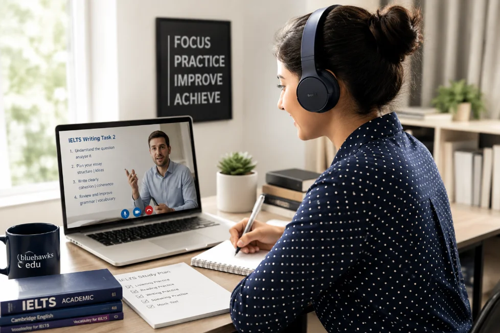 A student in a live online IELTS class, taking notes