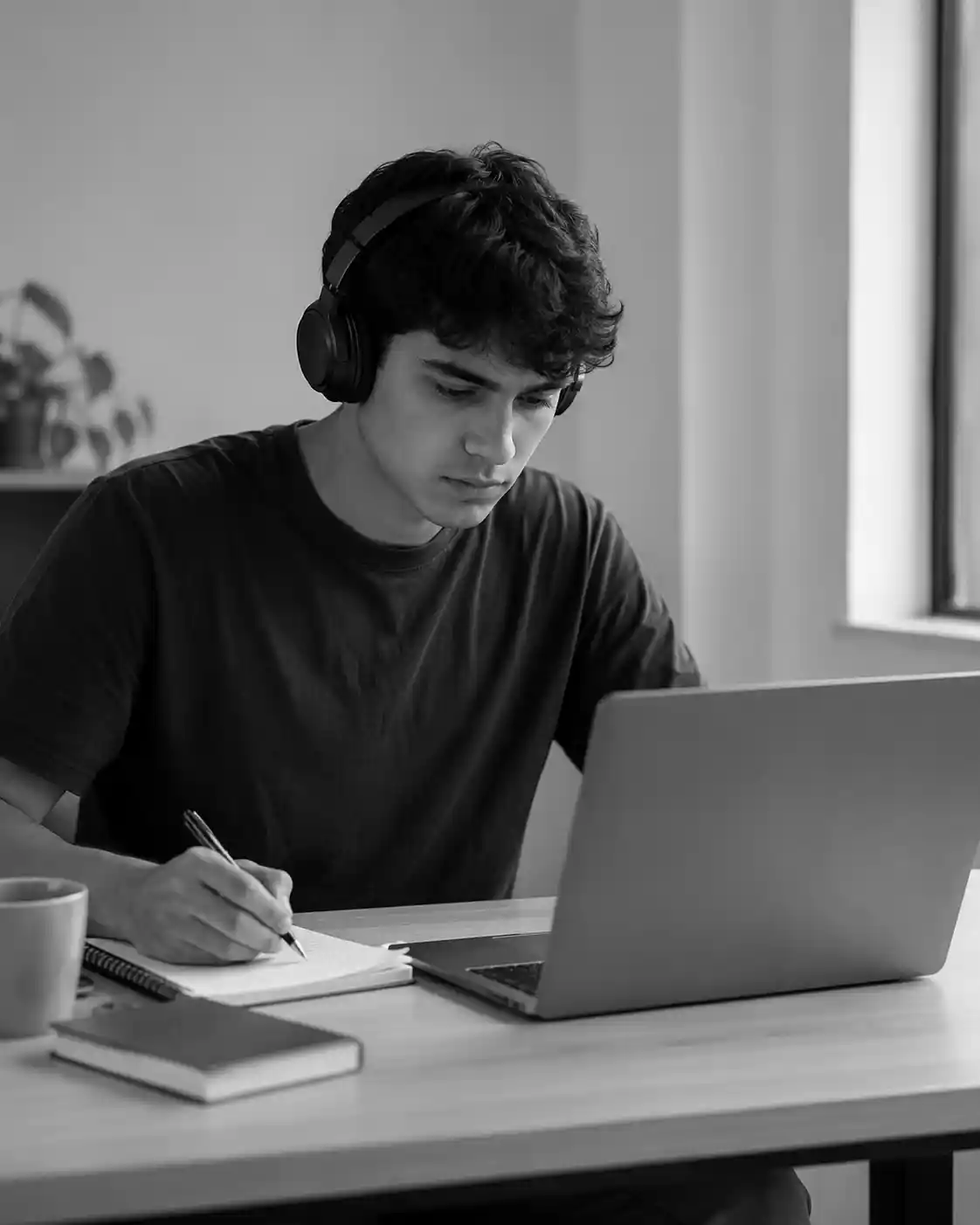 A student in a live online TOEFL class, taking notes